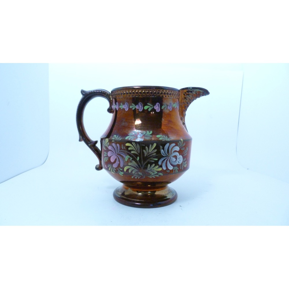 Antique Copper Luster Hand Painted Floral Pitcher 6 Inch Iridescent Lusterware